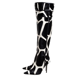 Pre Owned Roger Vivier Black/White Giraffe Print Calf Hair And Leather Thigh Length Boots Size 40
