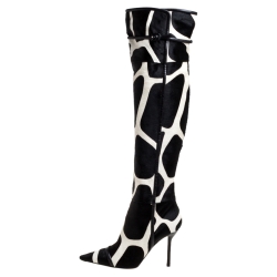 Pre Owned Roger Vivier Black/White Giraffe Print Calf Hair And Leather Thigh Length Boots Size 40