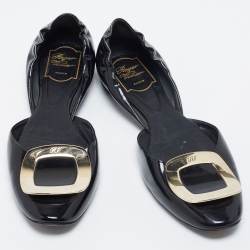 Pre Owned Roger Vivier Black Patent Leather Chips D'Orsay Buckle Flats Size 39