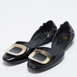 Pre Owned Roger Vivier Black Patent Leather Chips D'Orsay Buckle Flats Size 39