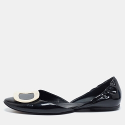 Pre Owned Roger Vivier Black Patent Leather Chips D'Orsay Buckle Flats Size 39
