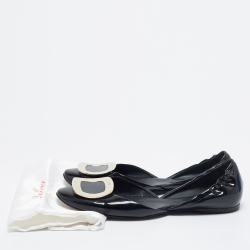 Pre Owned Roger Vivier Black Patent Leather Chips D'Orsay Buckle Flats Size 39