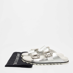 Roger Vivier Grey/Silver Leather and Suede Slidy Viv Slide Flats Size 39
