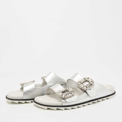 Roger Vivier Grey/Silver Leather and Suede Slidy Viv Slide Flats Size 39