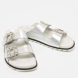 Roger Vivier Grey/Silver Leather and Suede Slidy Viv Slide Flats Size 39