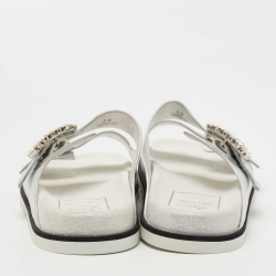 Roger Vivier Grey/Silver Leather and Suede Slidy Viv Slide Flats Size 39