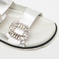Roger Vivier Grey/Silver Leather and Suede Slidy Viv Slide Flats Size 39