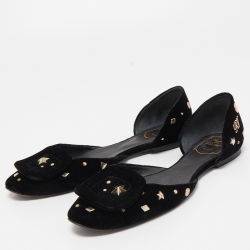 Pre Owned Roger Vivier Black Velvet Crystal Embellished D'orsay Ballet Flats Size 37.5