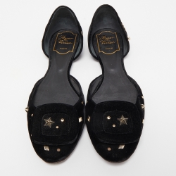 Pre Owned Roger Vivier Black Velvet Crystal Embellished D'orsay Ballet Flats Size 37.5