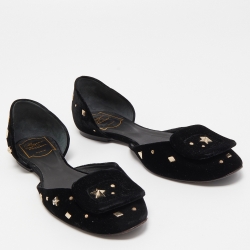 Pre Owned Roger Vivier Black Velvet Crystal Embellished D'orsay Ballet Flats Size 37.5