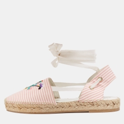 Pink/ Stripe Fabric Embroidered Ankle Wrap Espadrilles Flats