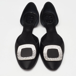 Pre Owned Roger Vivier Black Satin Strass Chips Ballerina D'orsay Flats Size 40.5
