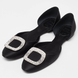 Pre Owned Roger Vivier Black Satin Strass Chips Ballerina D'orsay Flats Size 40.5