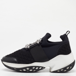 Black Mesh Fabric And Leather Crystal Embellished Slip On Sneakers