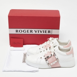 Pre Owned Roger Vivier White/Pink Leather Viv' Skate Crystal Embellished Low Top Sneakers Size 39