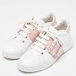 Pre Owned Roger Vivier White/Pink Leather Viv' Skate Crystal Embellished Low Top Sneakers Size 39
