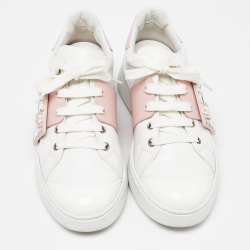 Pre Owned Roger Vivier White/Pink Leather Viv' Skate Crystal Embellished Low Top Sneakers Size 39