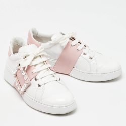 Pre Owned Roger Vivier White/Pink Leather Viv' Skate Crystal Embellished Low Top Sneakers Size 39