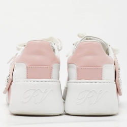 Pre Owned Roger Vivier White/Pink Leather Viv' Skate Crystal Embellished Low Top Sneakers Size 39