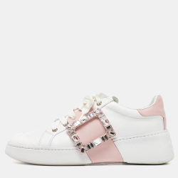 Pre Owned Roger Vivier White/Pink Leather Viv' Skate Crystal Embellished Low Top Sneakers Size 39