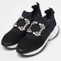 Pre Owned Roger Vivier Black Fabric and Leather Sneaky Viv Crystal Embellished Slip On Sneakers Size 39