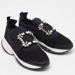 Pre Owned Roger Vivier Black Fabric and Leather Sneaky Viv Crystal Embellished Slip On Sneakers Size 39