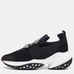 Black Fabric And Leather Sneaky Viv Crystal Embellished Slip On Sneakers