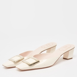 Pre Owned Roger Vivier Cream Patent Leather Belle Vivier Mules Size 39