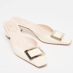 Pre Owned Roger Vivier Cream Patent Leather Belle Vivier Mules Size 39