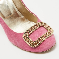 Pre Owned Roger Vivier Pink Suede Chain Buckle Round Toe Pumps Size 39