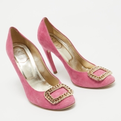 Pre Owned Roger Vivier Pink Suede Chain Buckle Round Toe Pumps Size 39