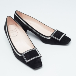 Pre Owned Roger Vivier Black/Silver Suede and Leather Belle Pumps Size 39