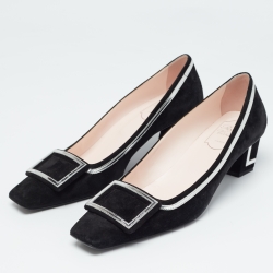 Pre Owned Roger Vivier Black/Silver Suede and Leather Belle Pumps Size 39