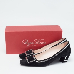 Pre Owned Roger Vivier Black/Silver Suede and Leather Belle Pumps Size 39