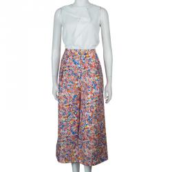 Pre Owned Roksanda Ilincic Multicolor Floral Print Textured Silk Wide Leg Pants M