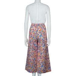 Pre Owned Roksanda Ilincic Multicolor Floral Print Textured Silk Wide Leg Pants M