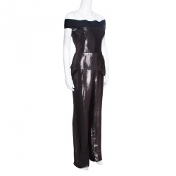 Pre Owned Roland Mouret Metallic Jacquard Off Shoulder Danielson Peplum Jumpsuit L