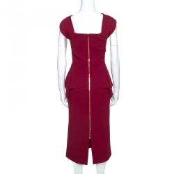 Pre Owned Roland Mouret Burgundy Wool Crepe Peplum Sawleigh Dress M