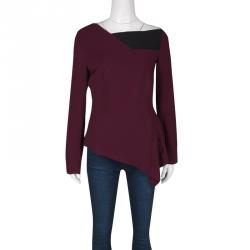 Pre Owned Roland Mouret Burgundy Contrast Trim Long Sleeve Asymmetric Top L