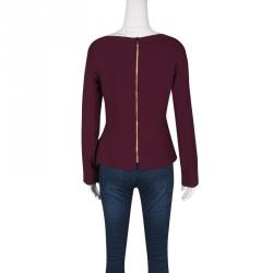 Pre Owned Roland Mouret Burgundy Contrast Trim Long Sleeve Asymmetric Top L