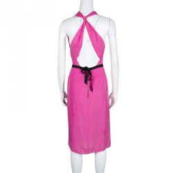 Pre Owned Roland Mouret Pink Silk Draped Cutout Back Contrast Tie Detail Sleeveless Dress M