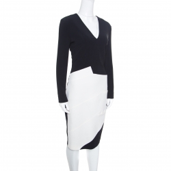 Pre Owned Roland Mouret Monochrome Wool Colorblock V Neck Shift Dress L