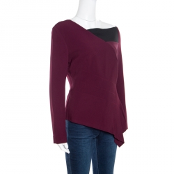 Pre Owned Roland Mouret Burgundy Contrast Trim Long Sleeve Asymmetric Top L