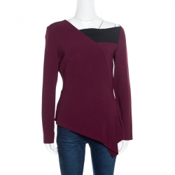 Pre Owned Roland Mouret Burgundy Contrast Trim Long Sleeve Asymmetric Top L