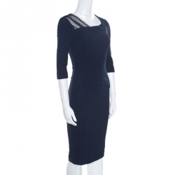 Pre Owned Roland Mouret Navy Blue Stretch Lace Detail Ingram Sheath Dress S
