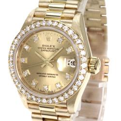 Pre Owned Rolex Champagne Gold 18K Yellow Gold Diamond Datejust Women's Wristwatch 26MM
