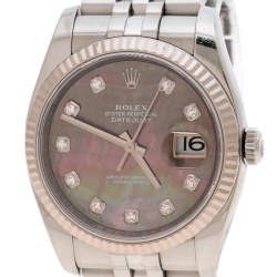 مملوكة مسبقًا Rolex Dark Mother of Pearl 18K White Gold and Stainless Steel Diamonds Datejust 116234 Women's Wristwatch 36 mm