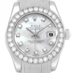 Pre Owned ساعة يد نسائية رولكس بيرلماستر ألماس وذهب أبيض عيار 18 صدف 29 مم