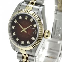 Pre Owned Rolex Champagne Red 18K Yellow Gold and Stainless Steel Datejust 69173 Women's Wristwatch 26 MM
