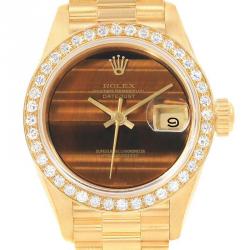 Pre Owned Rolex Tiger Eye 18K Yellow Gold Diamond President Datejust Women's Wristwatch 26MM